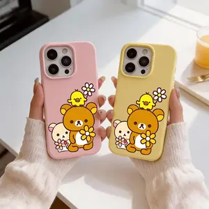 Character Rilakkuma Phone Case 2-in-1 Detachable Clear Jelly for iPhone Smartphone Case Cover | 17/16/15/14/13 Dopamine Color Card Photo Holder | Slim Fit Soft TPU Bumper Shockproof Anti-Yellowing Scratch Resistant Ultra Thin Lightweight