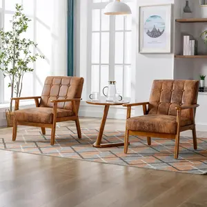 PU Leather Accent Chair, Mid-Century Modern Armchair with Solid Wood Armrests, Button-Tufted Comfortable Cushioned Reading Chairs for Living Room, Bedroom