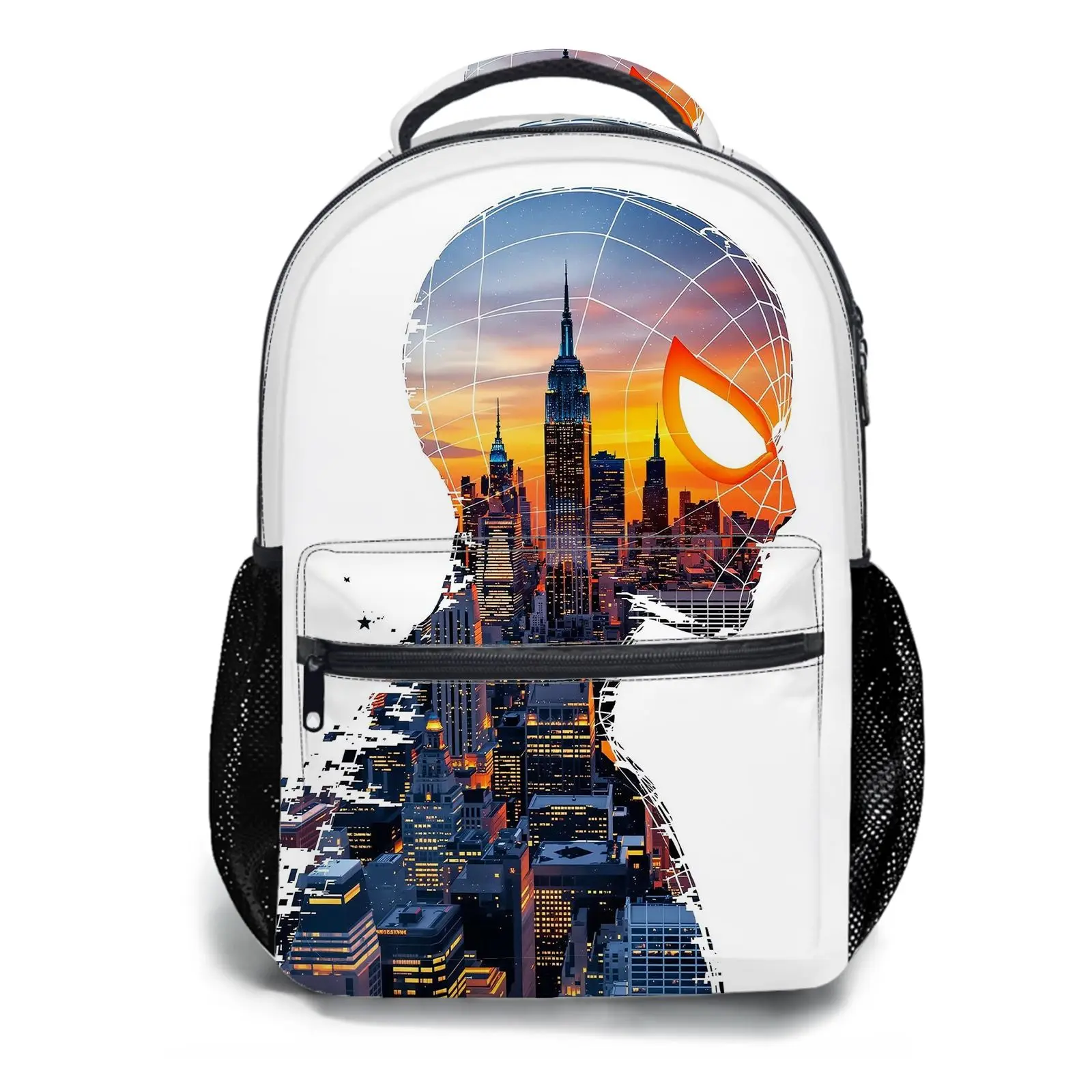 Men's and women's backpacksStudent Schoolbag Childrens Schoolbag High Quality Schoolbag Gift For Anime Spiderman Cityscape Silhouette Double Exposure Art Design Durable Fabric Mesh Side Pockets For Students Daily Use