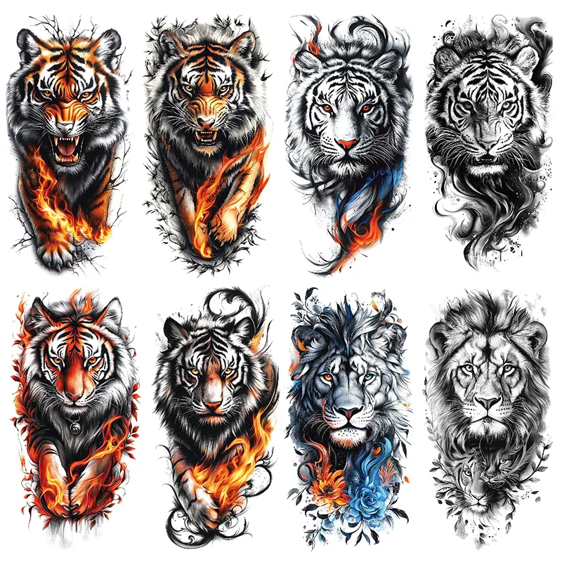 8 Sheets Cool Tribal Lion Tiger Animal Tattoo Stickers, Unisex Full Body Art Decals, Perfect for Parties & Events, Long-Lasting Design, Peel off Fake Tattoos