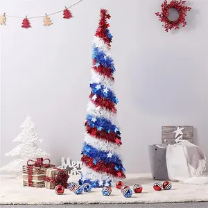 Patriotic 4.9 Ft Pop up Collapsible Pencil Tinsel Tree with Sequin Star Ornaments Garland for 4th of July Independence Day Memorial Home Decor