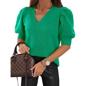 Women's Puff Short Sleeve Sweater Tops 2024 Spring Summer Trendy Crew/Square/V Neck Casual T Shirts Blouses