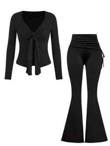 Sexy American Style Long Sleeve Wrap Knit Cardigan, Slim Fit Casual Top, Comfortable Drawstring Flare Pants Set, Fashion Two-Piece Women Outfits