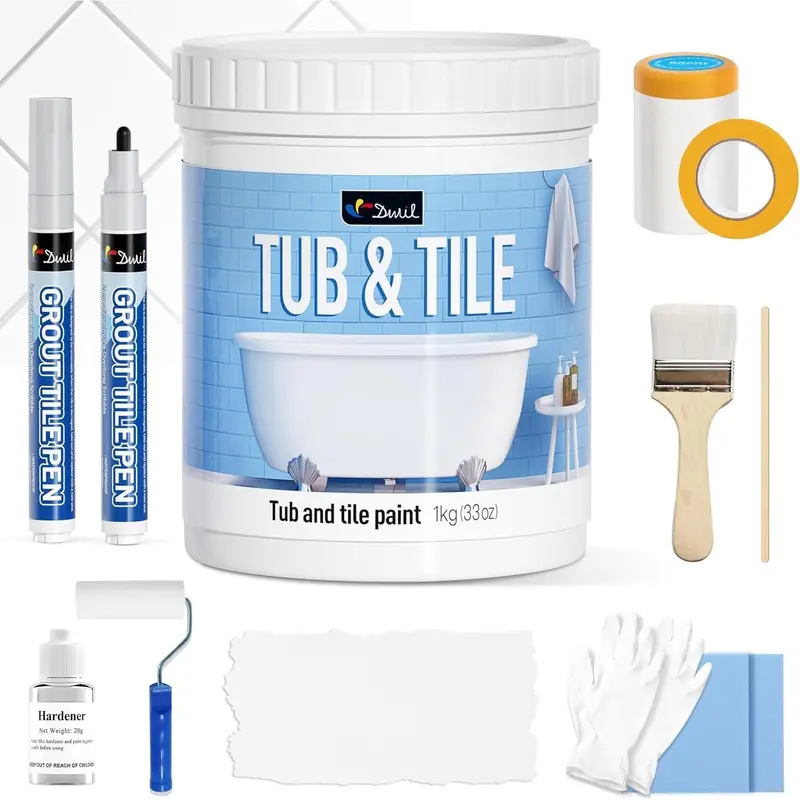 Tub Paint, Tub and Tile Refinishing Kit 33oz with Tools and 2 Grout Pen, White Bathtub Paint Water Based &Low Odor, Easy to Use Sink for Bathroom Kitchen, Semi-Gloss White, 50-55sq.ft