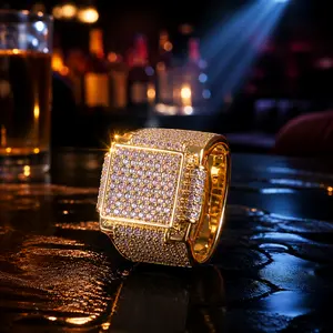 Iced Out Square Big Band Ring for Men, Full Micro Pave CZ Lab Diamond Pinky Ring, Heavy Luxury Hip Hop Statement Jewelry, Bling Rap Ring Gift •