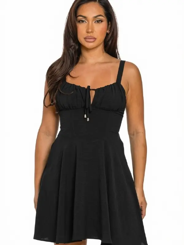 Elegant Black Dress with Tie Front and Flared Hem, Sleeveless Design, Perfect for Special Occasions Casual Chic