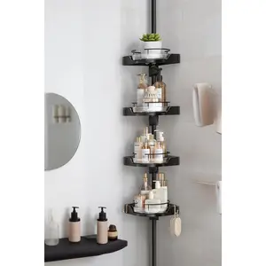 360 °   Rotating 4-Tier Adjustable Corner Shower Caddy Tension Pole Organizer, Rustproof Bathroom Storage Shelves with Safety Guardrail for Shower & Bathtub, Black