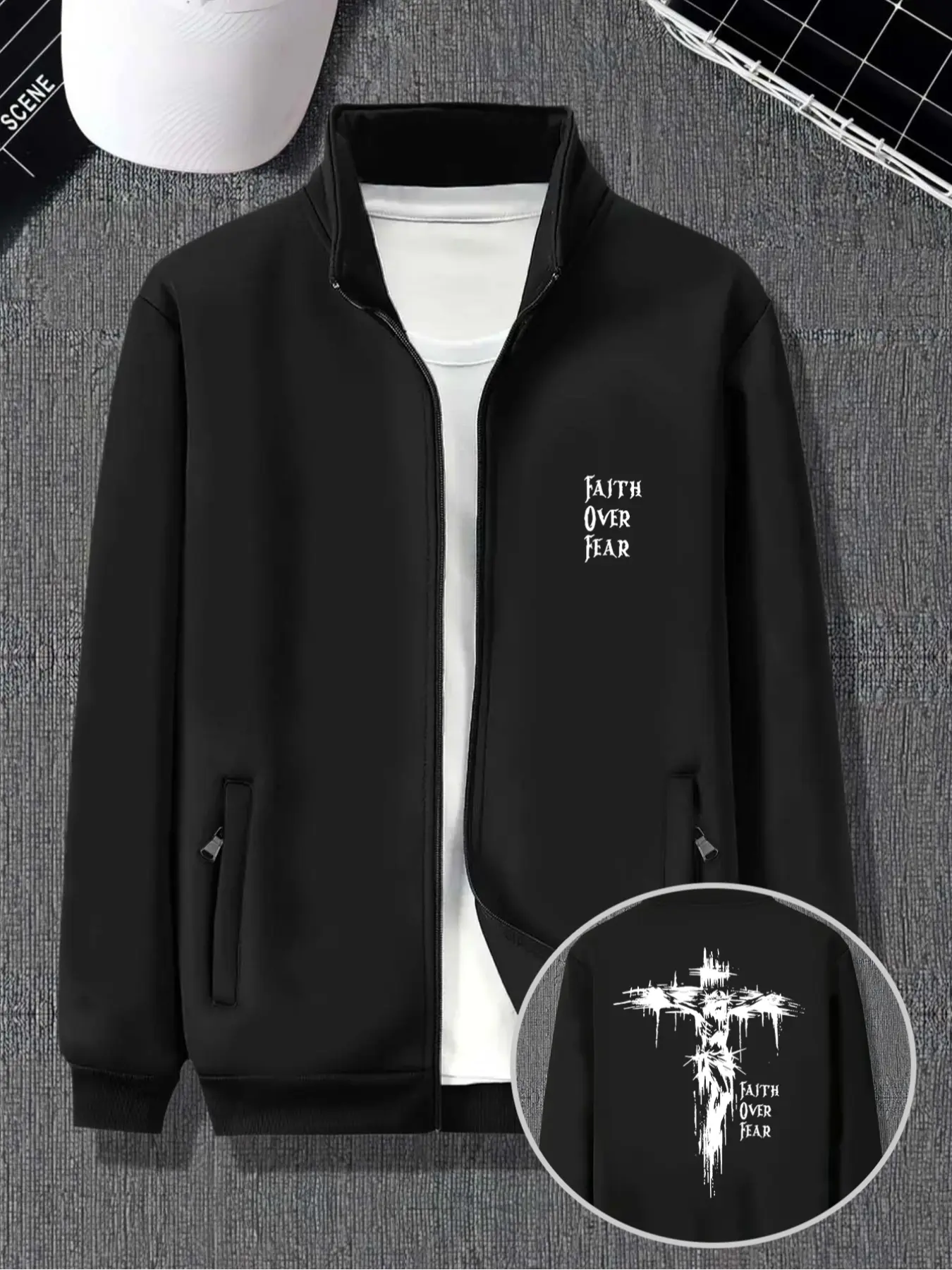 Men's Bomber Jacket, Lightweight Flight Jacket with Cross and Letter Print, Fall Outdoor Casual Coat, Fitted Transition Jacket
