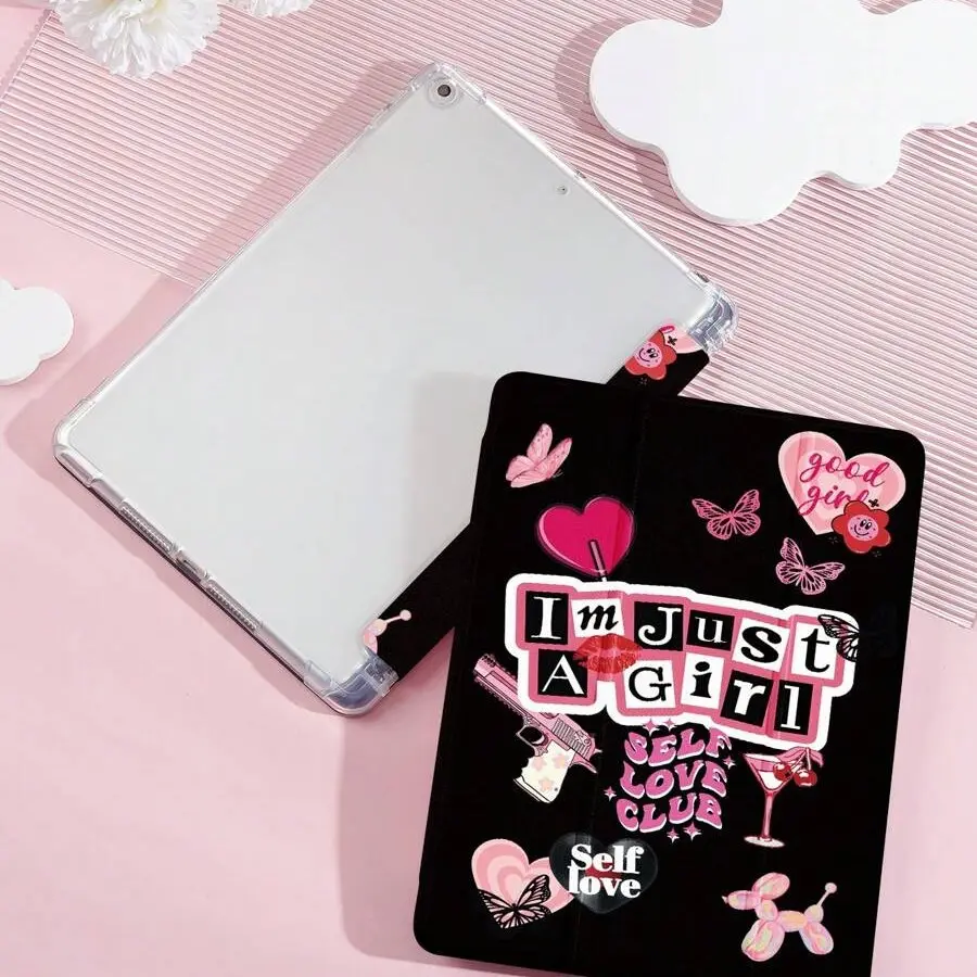 Cute I'm Just a Girl Self-Love Club Tablet Case, Tablet Casing, Tablet Accessories, Fits iPad 9/8/7/6/5/10 Gen, Y2K Style with Butterfly Heart Gun Design, Tablet Protective Cover