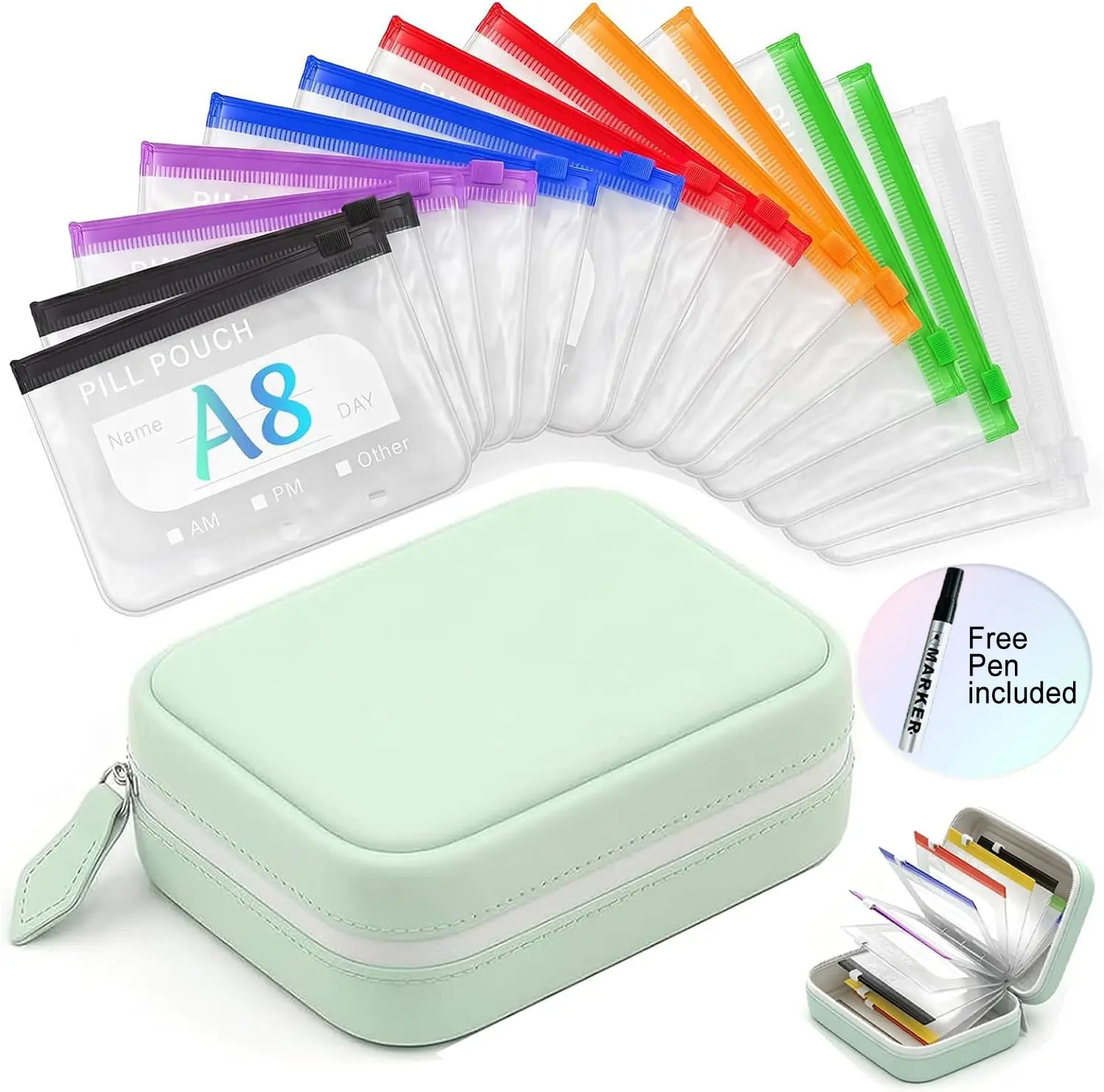 [TikTokShopDealsforYouDays] A8 Waterproof Pill Organizer Set, Large Weekly Pill Organizer 14 Color-Coded Medicine Pouches, Travel Pill Organizer for Vitamins, Supplements, Fish Oil, Reusable Travel Medicine Organizer, Includes Free Black Marker Pen