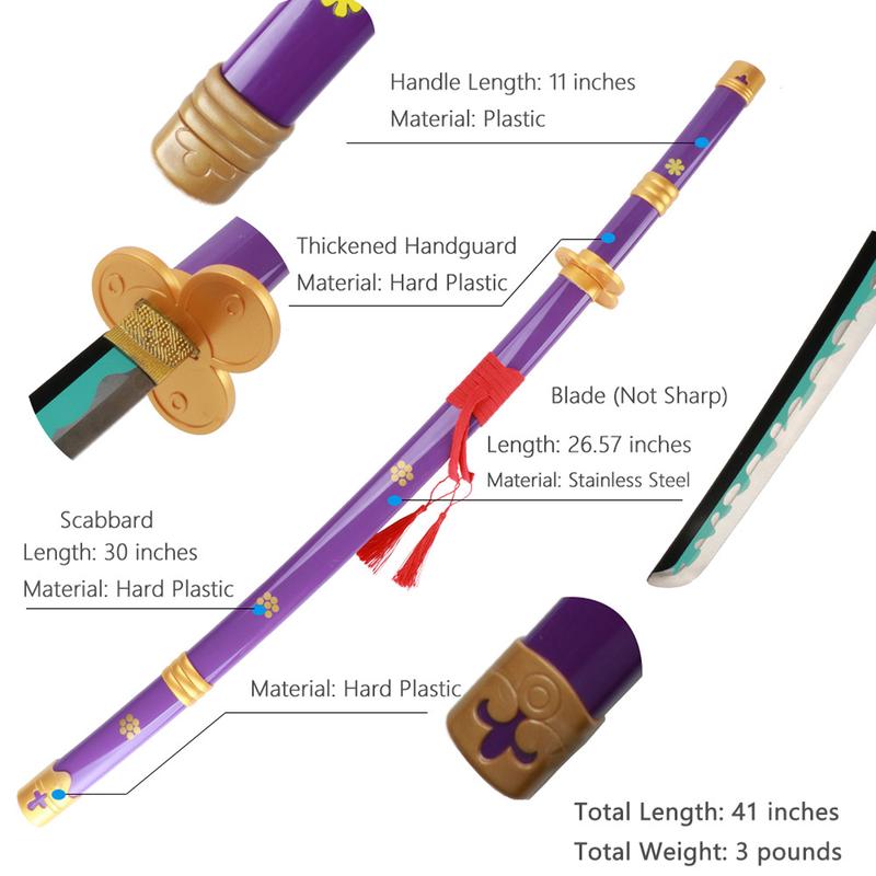 41 inches Not Sharp Real Roronoa Zoro Cosplay Sword Yama Enma Swords Samurai Katana with Wooden Holder Stand Display for Anime Fans Halloween Role Playing Props Cosplay Collection Christmas Gift Birthday