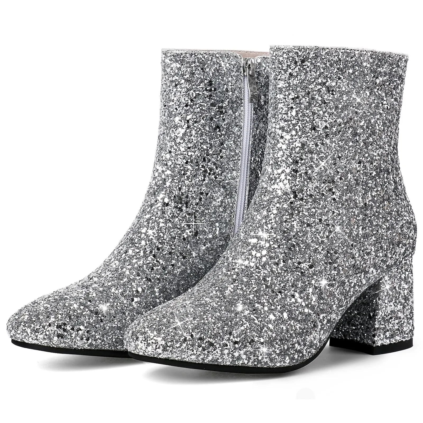 Women's Sequin Glitter Ankle Boots Chunky Heels Sparkly Booties