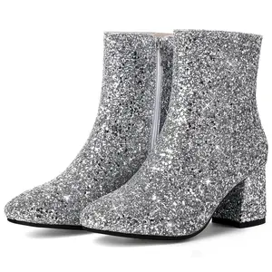 Women's Sequin Glitter Ankle Boots Chunky Heels Sparkly Booties