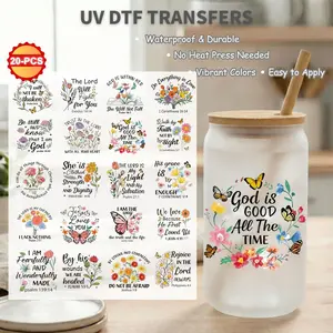 20 Pcs UV DTF Cup Wraps Bundle, 16oz Libbey Glass Can Transfers, Watercolor Floral & Religious Quotes, 3D Waterproof Stickers for DIY Gifts, DIY Gift Ideas