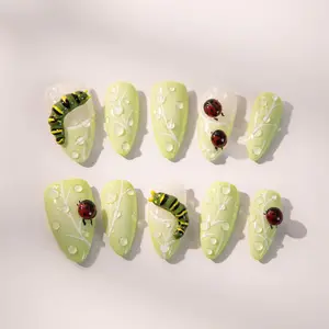 3D Ladybug Press On Nails - Garden Bug Nail Art - Spring Cottagecore Nails - Hand Painted Almond Nails