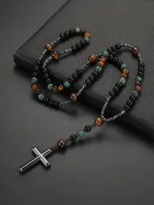 Men's Tiger Eye Stone Beaded Necklace, Fashionable Cross Pendant Necklace for Party, Daily Decor, Trendy All-match & Exquisite Jewelry for Birthday Gift