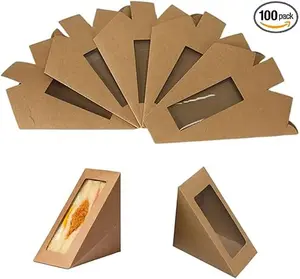 Customizable sandwich paper boxes, set of 100; wedge-shaped eco-friendly takeout boxes with display window, suitable for bakeries and large restaurants’ delivery services.