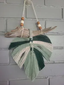 Macrame Pothos or Monsterra Leaf Decor with Beaded String and Natural Wood Accent