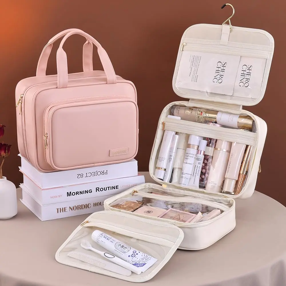 Women's Travel Toiletry Bag, a portable hanging storage bag designed to hold travel-sized shampoo, conditioner, hairbrush sets, and makeup accessories—the perfect gift for a friend's birthday or Valentine's Day.