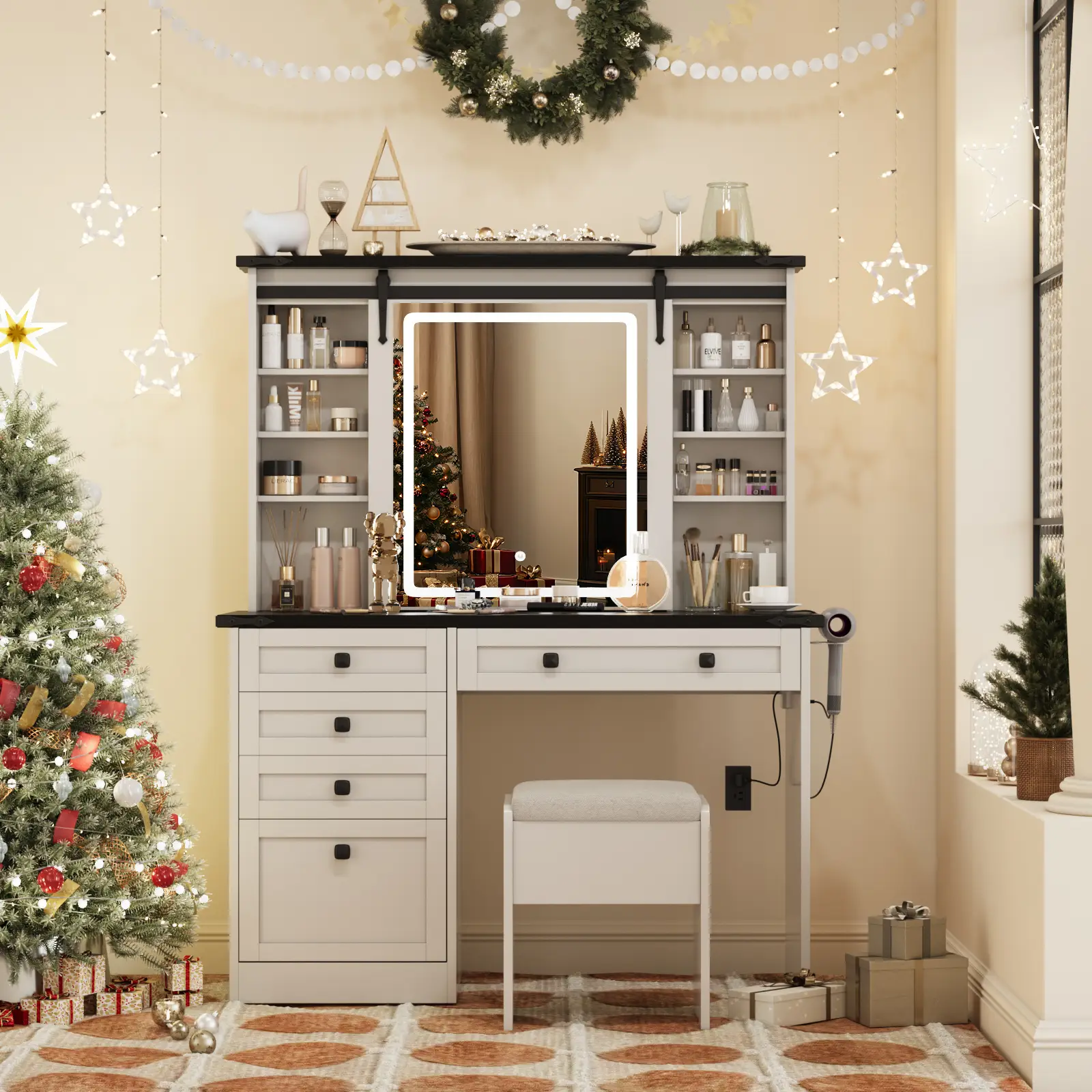 VOWNER Farmhouse Vanity Desk with Lights and Mirror,Makeup Table Set with Drawers and Storage Cabinet,Black Desktop