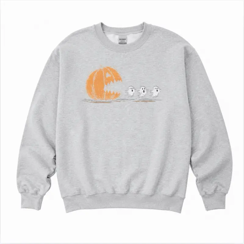 Pac Man Pumpkin Ghost Sweatshirt - Ash Grey - Spooky Sweatshirt