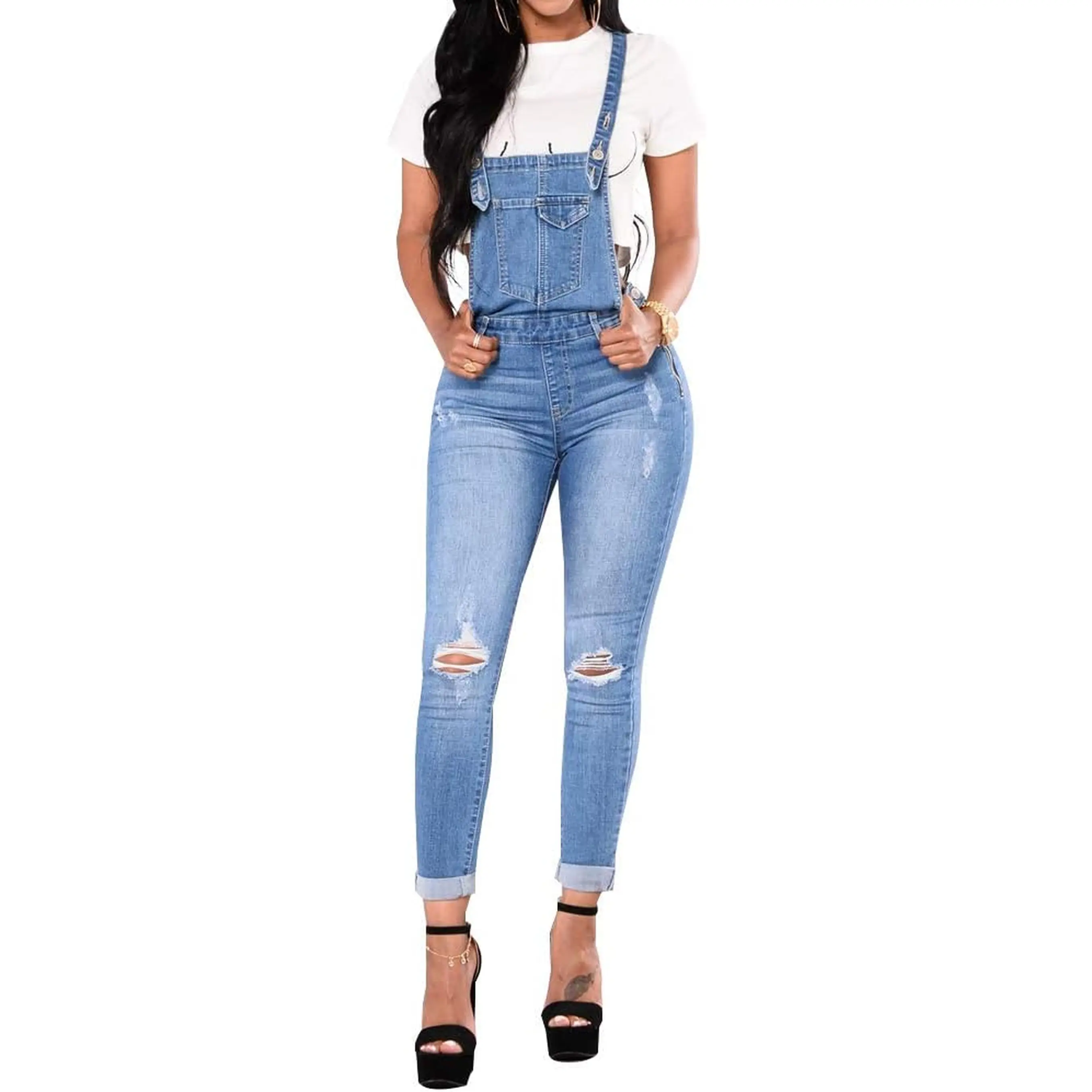 LONGBIDA Skinny Ripped Jeans Denim Jumpsuit Overalls for Women LONGBIDA