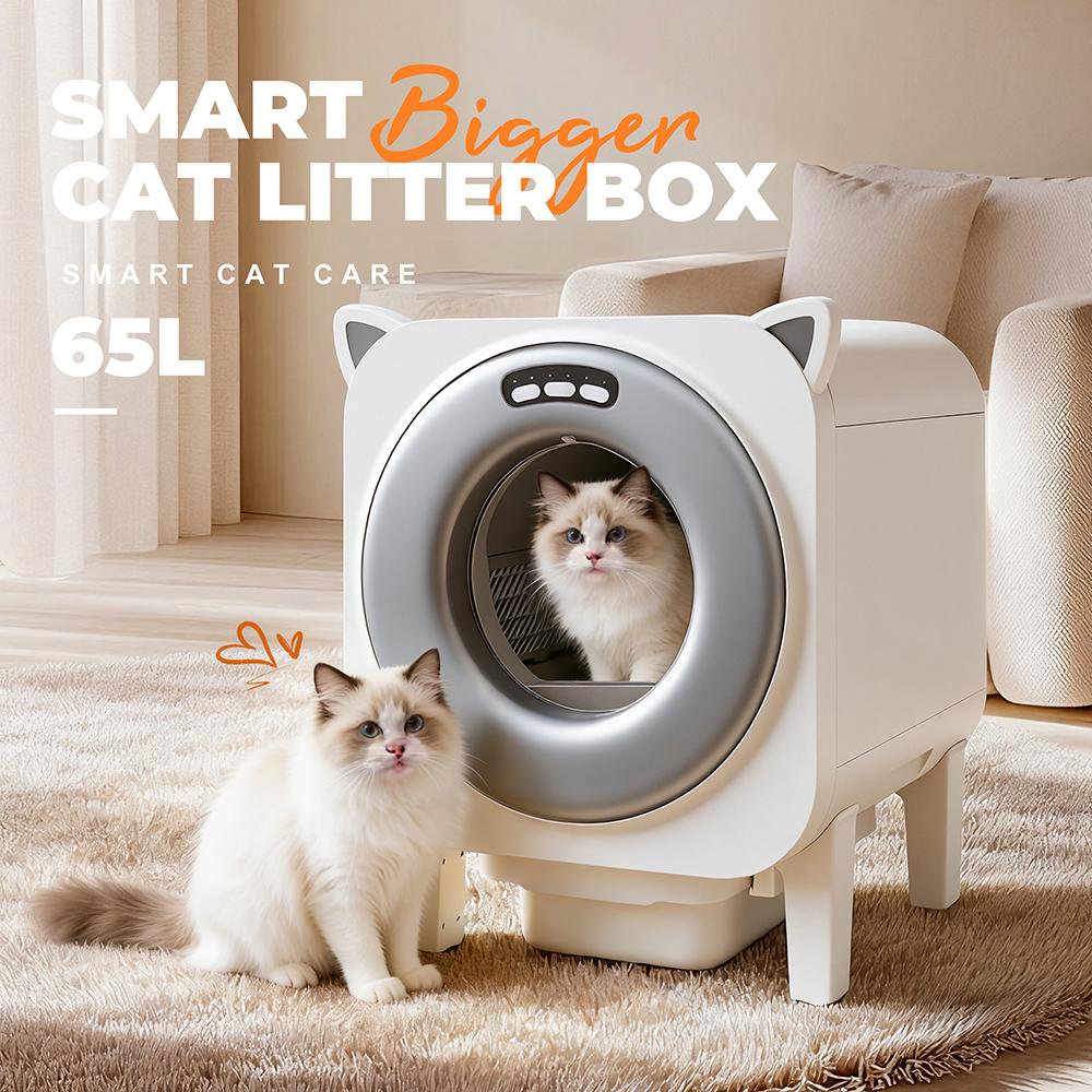 65L large-capacity smart automatic cat litter box, accommodates up to 8 kg large cats, 10 L waste collection bin, app-controlled remote operation, odor control and antibacterial features, one-touch smart litter replacement