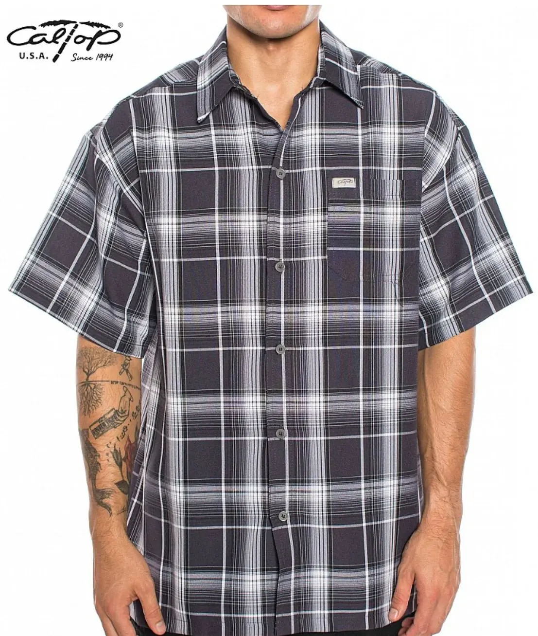 CALTOP Men's Classic Plaid Polyester Short-Sleeve Shirt, Loose Cut Button-Up, Sizes up to 5XL, Twist