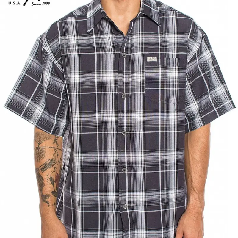 CALTOP Men's Classic Checked 100% Polyester Short-Sleeve Collared Button-Up Shirt - Loose Cut, Easy Casual, Weekend Wear, Sizes 2XL-5XL (Order 1 Size Up)