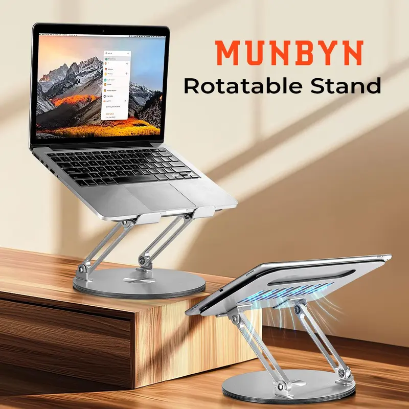 MUNBYN Aluminum Desk Stand with 360-Rotating Base, Foldable Adjustable Cooling PC Stand, Compact Setup Laptop Riser, Cool Office Stuff for Desk (Fits Laptop, iPad, Tablet, Sound Card, Drawing, Office Gaming)