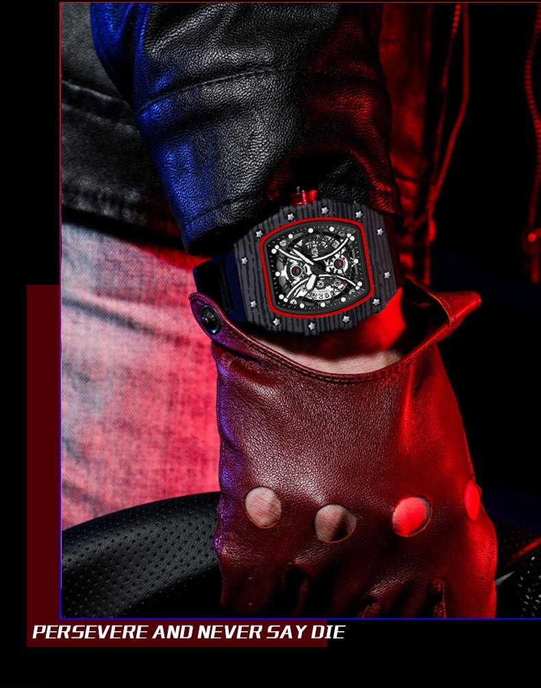 Men's Carbon Fiber Skeleton Tonneau Watch, Black Silicone Band, Sporty Quartz Wristwatch