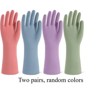 2-Pair (Mixed Colors) Rubber Cleaning Gloves, Dishwashing Gloves, Reusable, Kitchen Gloves, Suitable for Dishwashing and Household Cleaning, Colored Dishwashing Gloves, Flocked Lining, Non-Slip Design, Suitable for Men and Women