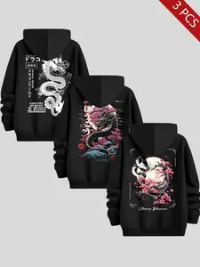 Men's Autumn Winter Dragon Series Hoodie, Long Sleeve, Fitted Casual Floral Pattern, Drawstring Design, Multiple Colors Available, 3 Pack, Hooded Drawstring