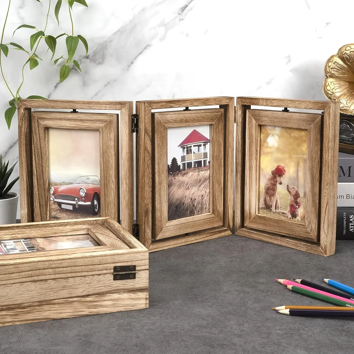 4x6 Picture Frame Rustic Wood Hinged Folding Triple Picture Frames Collage, Double-Sided Display Rotatable High Definition Glass Photo Frame for Home TableTop
