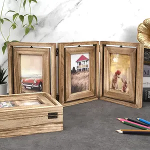 4x6 Picture Frame Rustic Wood Hinged Folding Triple Picture Frames Collage, Double-Sided Display Rotatable High Definition Glass Photo Frame for Home TableTop