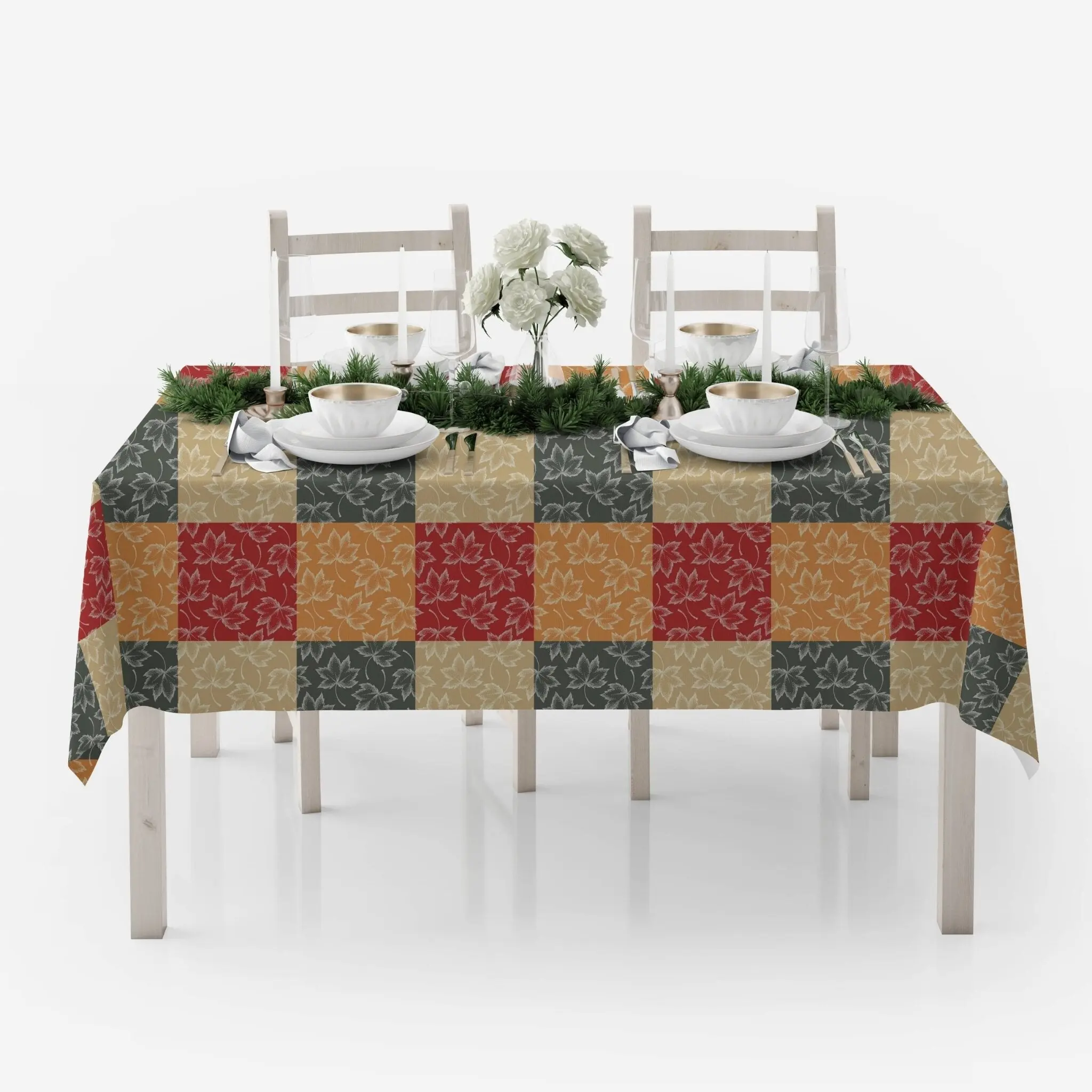 Holiday Leaves Tablecloth 55x55 Inches Square Design with Leaf Pattern & Classic Plaid for Autumn Celebrations Durable Polyester Soft Lightweight Easy Maintenance Quick-Drying Farmhouse Elegance