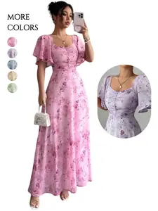 Summer New Print Pleated Sleeve Slim Fit Inner Lining Elegance Dress, Chiffon Fabric, Lightweight, Women's Fashion Clothing