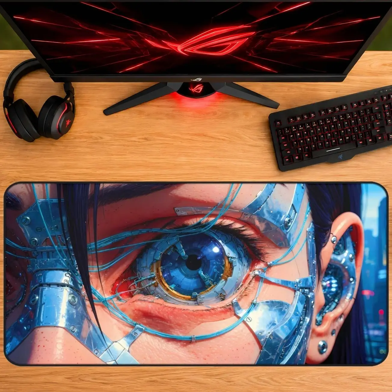 Cyberpunk Eye Close-Up Desk Mat XXL | Dark Sci-Fi Gaming Mouse Pad | Android Vision Art