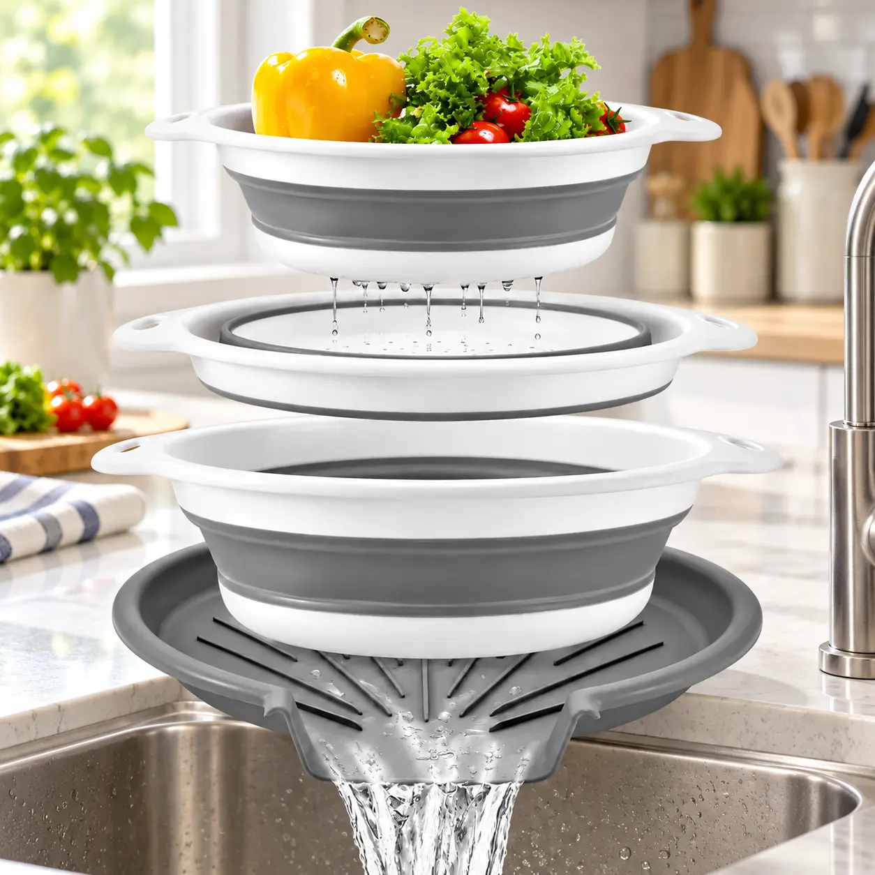 3-Pack Collapsible Colanders Kitchen Utensil Set - Sturdy Sieves with Over-Sink Self-Drain Base, 3QT/4QT/5QT Sizes for Dinner Prep (Home Supplies Organizer)
