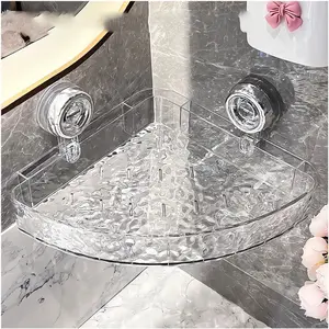 Corrugated Suction Cup Storage Holder Corner Shower Caddy Large Organizer Bathroom Shelf Clear Acrylic Shower Tray Shelves Inside Floating Shower Wall Shelf Bath Basket Rack Heavy Duty (Corner-Clear)