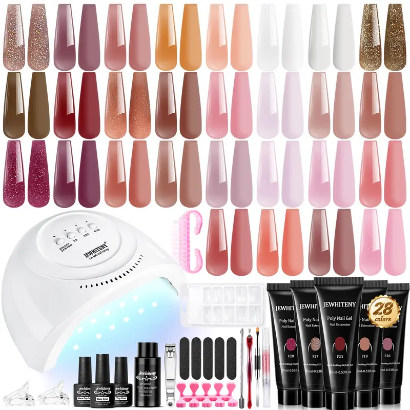JEWHITENY 28pcs Lightweight Polygel Nails Manicure Kit - Nude Pink,Brown,Orange,Rose Red,Glitter All-In-1 Starter Set with 1*48w Nail Lamp for Drying,Base Top Coat,Polish,Brush for Adult Beginners' DIY Home Use (Great Gift)