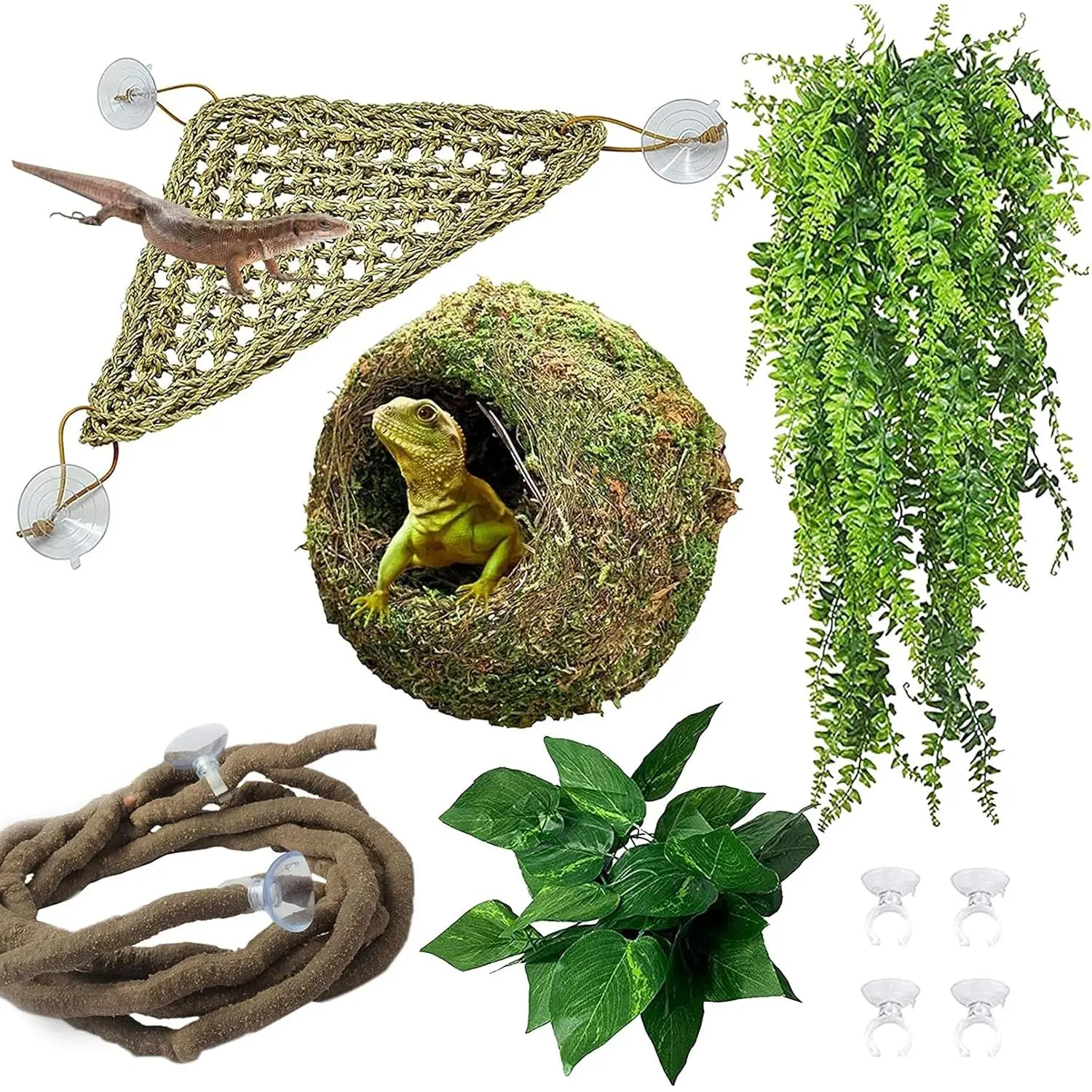Reptile Moss Cave ,Crested Gecko Habitat Hammock Green Moss Accessories Plastic Terrarium  Vines for Small Bearded-Dragon,Snakes,Chameleon Climbing Hibernation Sleeping
