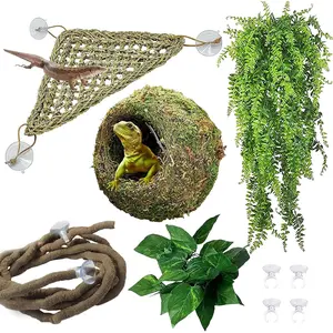 Reptile Moss Cave ,Crested Gecko Habitat Hammock Green Moss Accessories Plastic Terrarium  Vines for Small Bearded-Dragon,Snakes,Chameleon Climbing Hibernation Sleeping