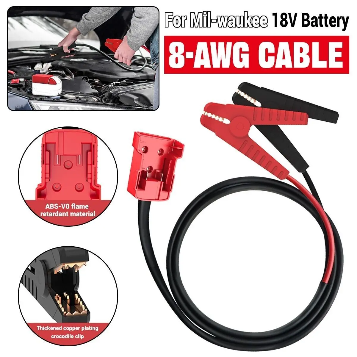 For Mil.waukee M18 Battery Jumper Cables Adapter - 8AWG 5.9FT Booster Cables for Dead Car Battery, Use Your M18 18V Power Tool Battery as Emergency Jump Starter