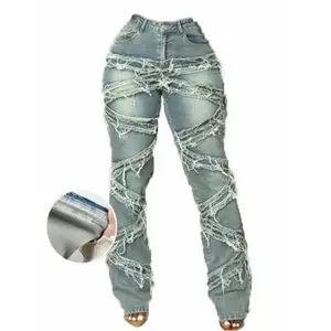 Women's Casual Y2K Streetwear Jeans 90s High Stretch Distressed Frayed Tassel Hip Hop Denim Pants with Slant Pockets for Everyday Wear Fashion Trend - Bottoms