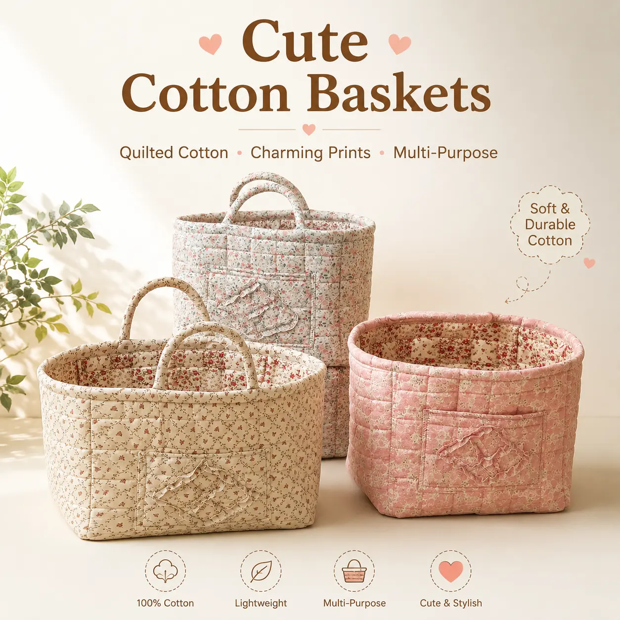 Vintage Small Floral Print Cotton Storage Tote Bag Double Handle Cute Quilted Basket Multipurpose Nursery Bathroom Toy Clothes Organizer