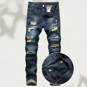 Men's navy blue ripped elastic skinny jeans, black ripped men's jeans, men's street jeans, men's jeans, ripped denim skinny jeans, slim fit black ripped men's jeans, suitable jeans for all seasons Men's Ripped Zipper Skinny Jeans pocket denim jean Men's i