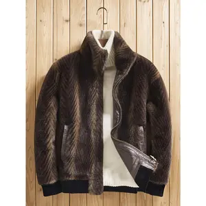 Thermal Men's Reversible Faux Fur and Faux Leather Baseball Jacket – Herringbone, Stand/Flip Collar, Excellent Softness, Long Sleeve Top with Zipper Closure for Sports, Casual & Weekend - Regular Fit Jacket