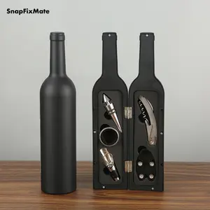 Snapfixmate Wine Accessories Gift Set – 5-Piece Wine Bottle Opener Kit with Corkscrew, Foil Cutter, Drip Ring, Stopper, Pourer – Tools in Novelty Bottle Case – Great Wine Gift for Men, Women