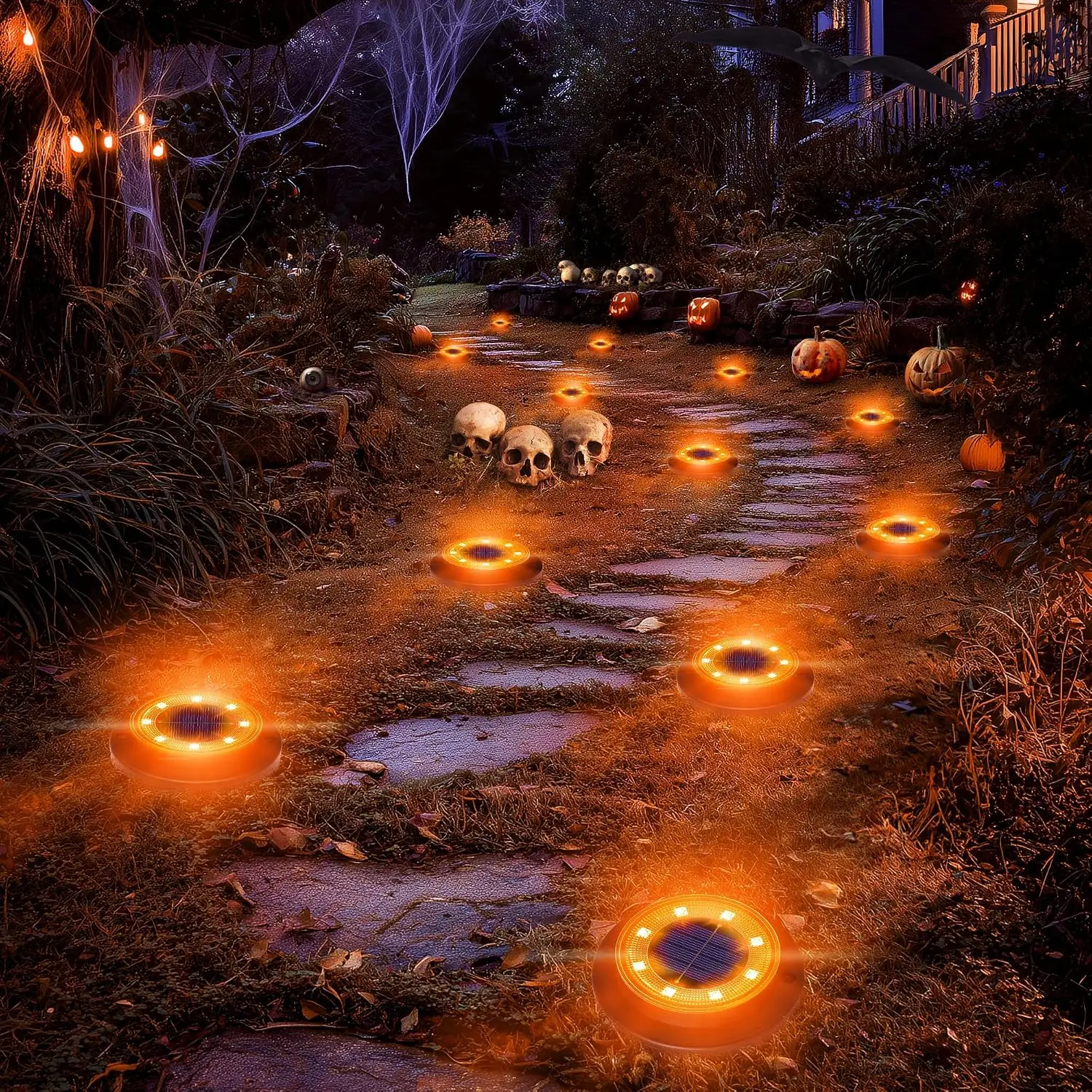 Flacchi 2-in-1 Solar Ground Lights (12 Pack) - Outdoor Waterproof Pathway Lighting & Spooky Halloween Garden Decor for Driveway, Lawn